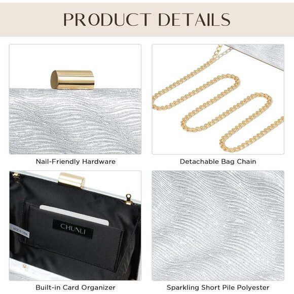⚡ Women's Detachable Chain Sparkly Evening Formal Parties Silver Clutch Bag - Picture 7 of 9